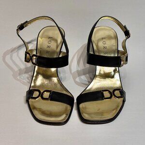Lorbac Black and Gold Genuine Italian Leather Wedge Heel Sandals Size 5
